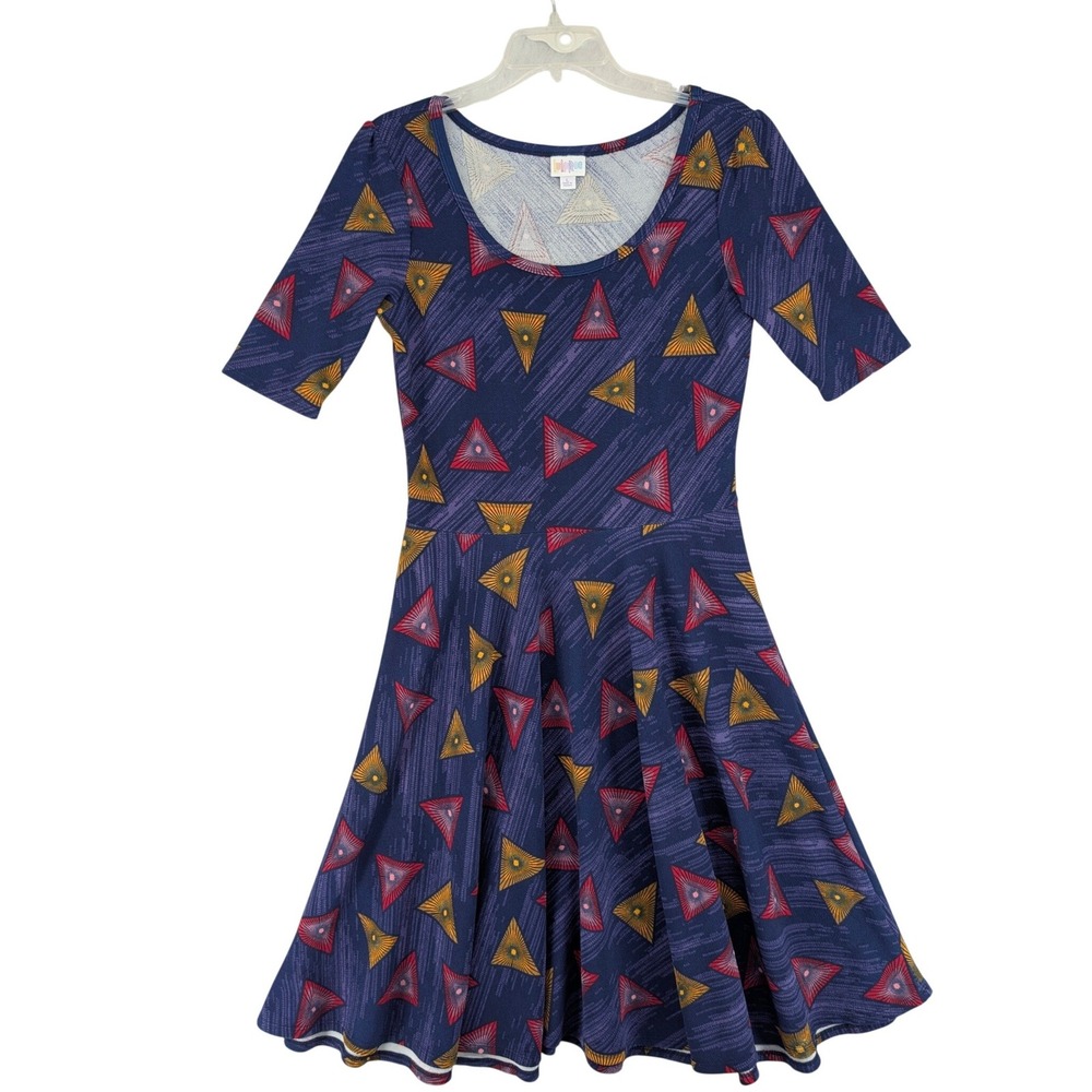 LuLaRoe Nicole Dress Womens Lg Purple Geometric Triangle Eye Of God Fit Flare